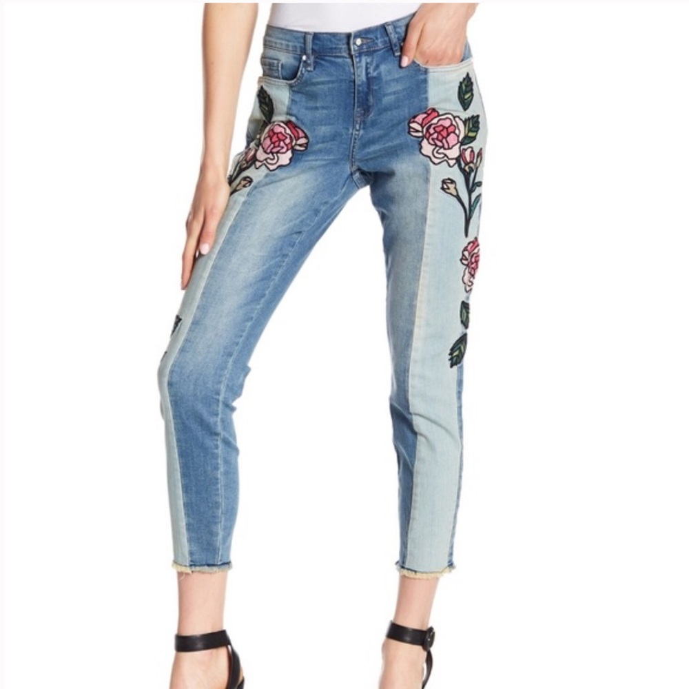 William Rast Hallows Blue Floral Embroidered Roses Skinny Ankle Jeans